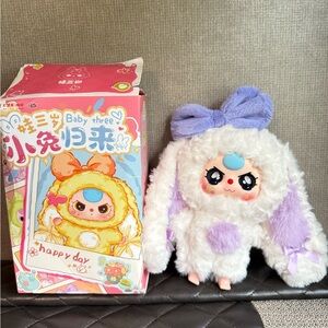 Plush Baby Three Bunny Toy - White and Purple